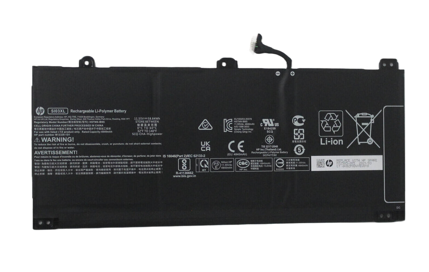 New Genuine Laptop Battery Pack for HP Chromebook x360 14C-CC 14B-NA 14B-NB 15A-NB EliteBook c640 14 G3 Chromebook Pro C640 645 G2 Chromebook SI03XL SI03058XL M02027-005 M12329-AC1 M12329-1D1 M12585-005 HSTNN-OB1V 3ICP4/77/92 Original 11.55V 8.84Wh 4840mAh 3-Cell