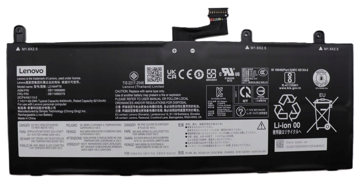 New Genuine Laptop Battery Pack for Lenovo ThinkPad X13s Gen 1 G1 21BX 21BY 2022 L21D4P75 L21C4P73 L21M4P76 5B10W51878 5B10W51879 5B10W51880 SB10W51979 SB10W51980 SB10W51981 Original 7.74V 49.5Wh 6396mAh
