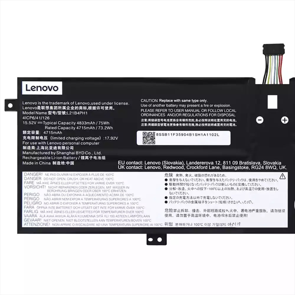 New Genuine Laptop Battery Pack for Lenovo Yoga Slim 9-14IAP7 82T0 82T1 L21M4PH1 L21B4PH1 L21C4PH1 SB11F35901 SB11F35902 5B11F35903 SB11F35904 5B11F35905 5B11F35906 Original 15.52V 75Wh 4833mAh 4-Cell