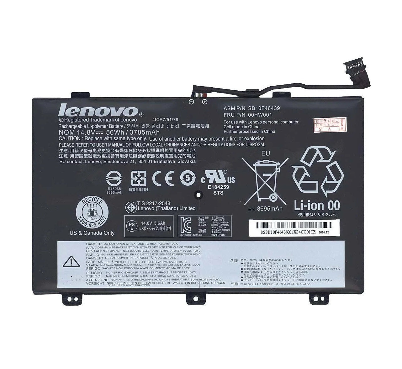 New Genuine Laptop Battery Pack for Lenovo ThinkPad S3 Yoga 14 20DM 20DN 00HW001 00HW000 SB10F46438 SB10F46439 Original 8-Cell 56Wh 14.8V