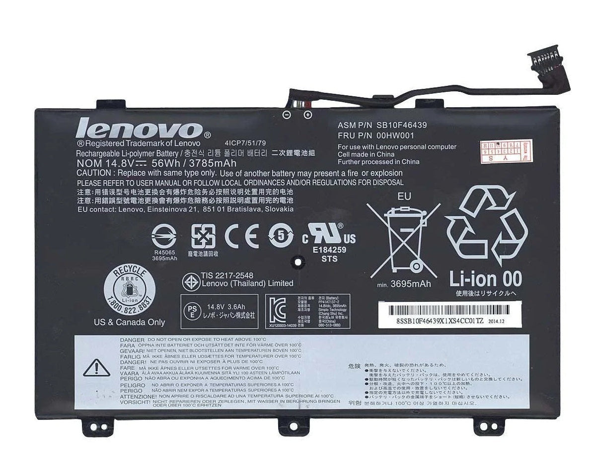 New Genuine Laptop Battery Pack for Lenovo ThinkPad S3 Yoga 14 20DM 20DN 00HW001 00HW000 SB10F46438 SB10F46439 Original 8-Cell 56Wh 14.8V