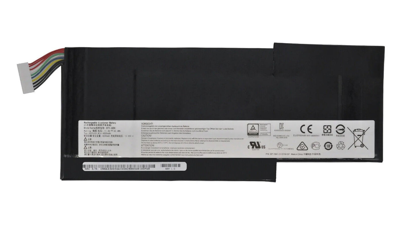 New Genuine Laptop Battery Pack for MSI GF63 Thin 8RC 8RD 9SC GF75 Thin 8RC 8RD 8RX 8SC 9SC 9S7 Stealth Pro GS63VR 7RG GS73VR MS-16K3 MS-17B4 BTY-M6K Original 3-Cell 52.4Wh 11.4V