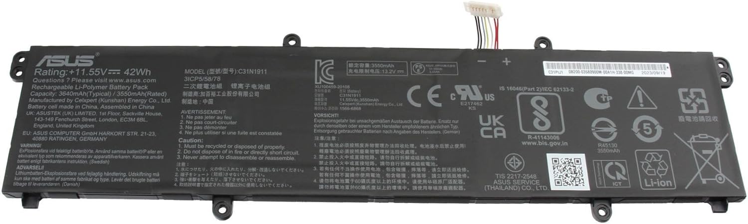 New Genuine Laptop Battery Pack for ASUS VivoBook 14 F413 K413 X413 M413 M413DA M413DA-EB005T M413DA-EB094T VivoBook Flip 14 TM420IA TM420IA-DB71T TM420IA-CH71 TM420IA-DB51T TM420IA-AP4513T TM420IA-EC056T Notebook X X413FF X421DA X421EA X421EP A413FF F413FF K433FA V4050FA V433FA B31N1911 C31N1911 0B200-03750000 0B200-03580000 B0B200-03580300 Original 11.55V 42Wh 3640mAh