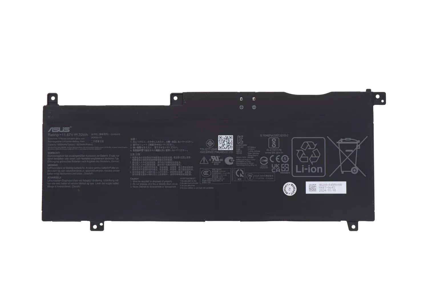 New Genuine Laptop Battery Pack for ASUS Vivobook S 15 S5507 S5507Q S5507QA S5507QAD S5507QA-HA321W S5507QA-MA001W S5507QA-MA006W S5507QA-MA049W S5507QA-MA056W ProArt PZ13 HT5306 HT5306Q HT5306QA HT5306QA-LX005W HT5306QA-LX002W HT5306QA-LX008W HT5306QA-LX006X C31N2310 0B200-04550000 E410-00HQ 31CP5/81/76 Original 11.67V 70Wh 6000mAh 6-Cell