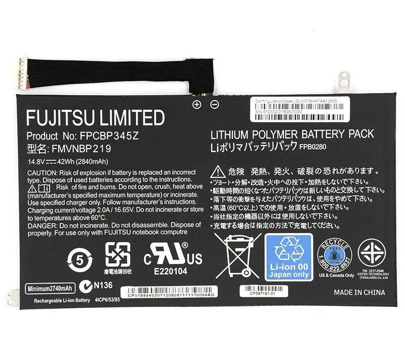 New Genuine Laptop Battery Pack for Fujitsu LifeBook UH552 UH572 FPB0280 FPCBP572 FMVNBP219 FPCBP345Z Original 14.8V 42Wh 2840mAh