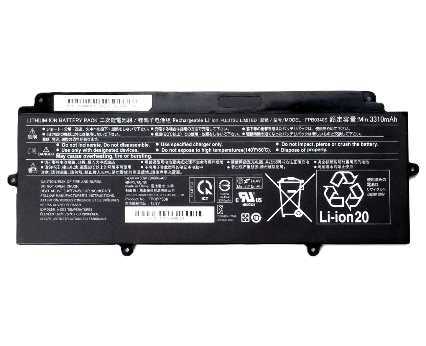 New Genuine Laptop Battery for Fujitsu Futro MU937 LifeBook U9310 U9310X U9311 U9311X U937 U938 U939 U939X U940 FPB0340S FPCBP536 CP730401-01 CP730401-01 CP737634-01 CP749820-01 CP760852-03 4INP5/60/80 Original Battery Pack 14.4V 50Wh 3490mAh