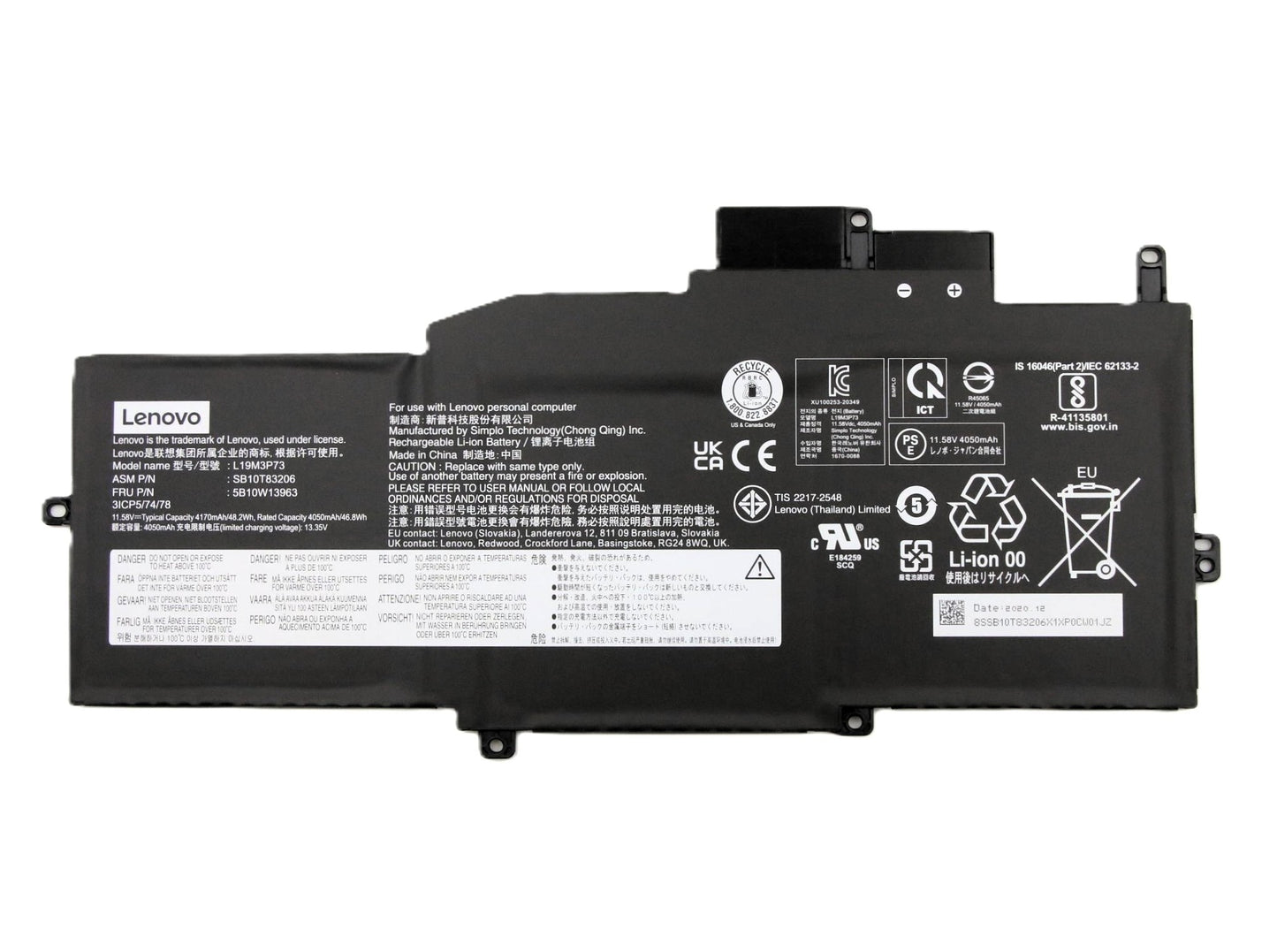 New Genuine Laptop Battery Pack for Lenovo ThinkPad X1 Nano Gen 1 G1 20UN 20UQ L19C3P71 L19M3P72 L19M3P73 SB10T83205 SB10T83206 SB10T83207 5B10W13962 5B10W13963 5B10W13964 3ICP5/74/78 Original 11.58V 48.2Wh 4170mAh 3-Cell
