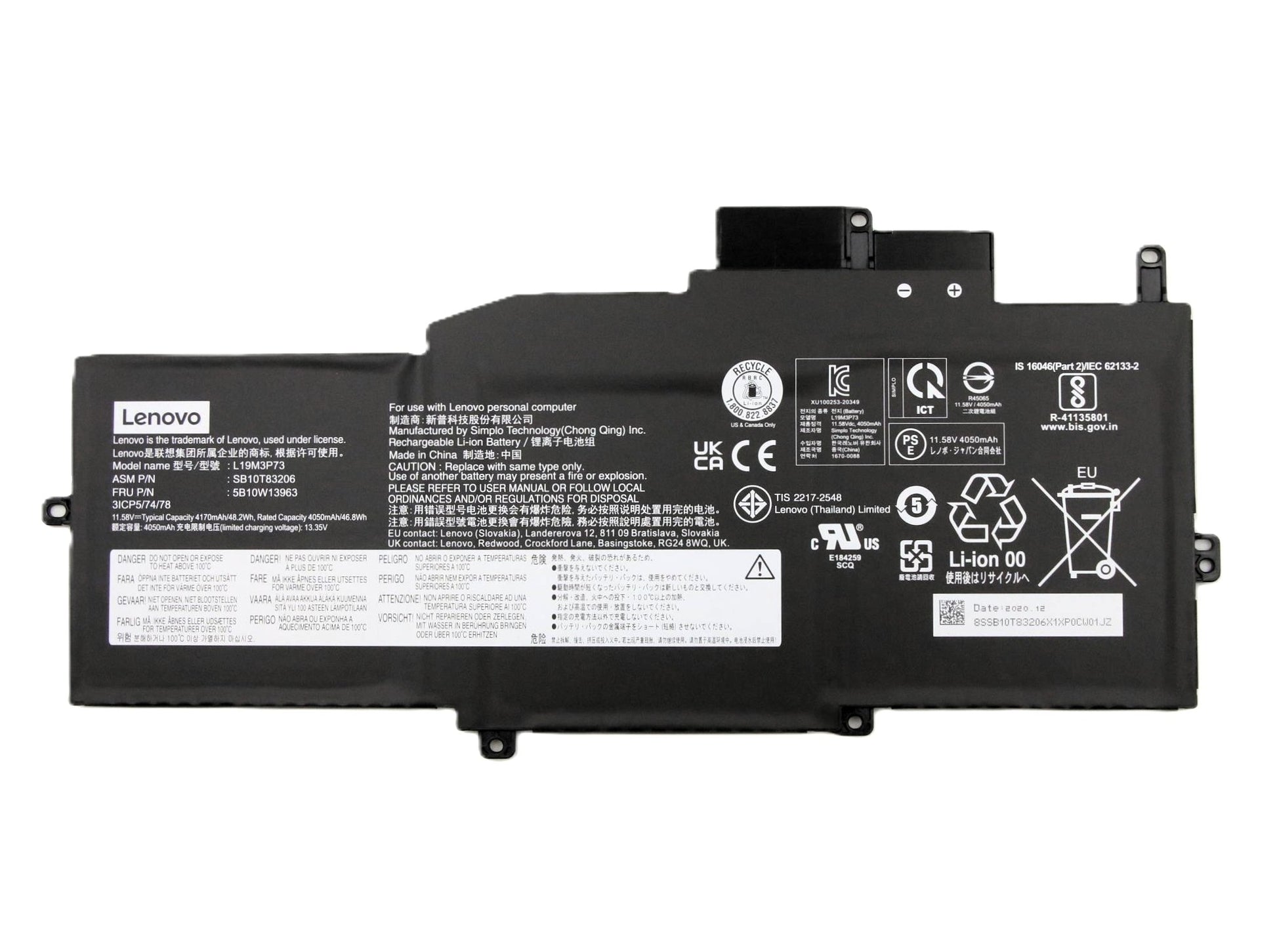New Genuine Laptop Battery Pack for Lenovo ThinkPad X1 Nano Gen 1 G1 20UN 20UQ L19C3P71 L19M3P72 L19M3P73 SB10T83205 SB10T83206 SB10T83207 5B10W13962 5B10W13963 5B10W13964 3ICP5/74/78 Original 11.58V 48.2Wh 4170mAh 3-Cell