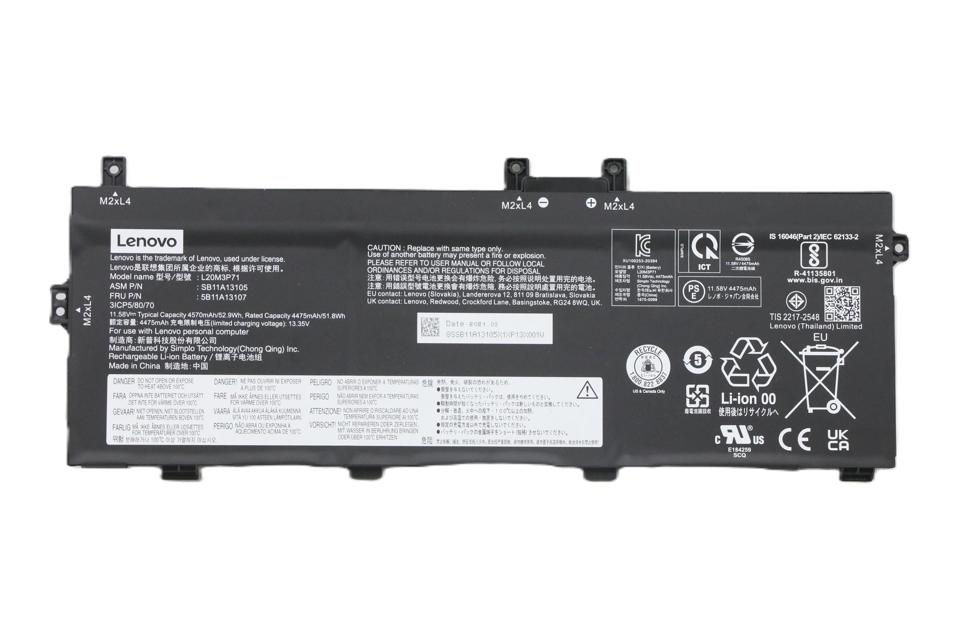 New Genuine Laptop Battery Pack for Lenovo ThinkPad P16 Gen 1 G1 21D7 ThinkPad X13 Yoga Gen 2 G2 20W8 20W9 ThinkPad X13 Yoga Gen 3 G3 21AW 21AX L20M3P71 L20L3P71 L20C3P71 Original 11.58V 52.8/52.9Wh 4570mAh 3-Cell