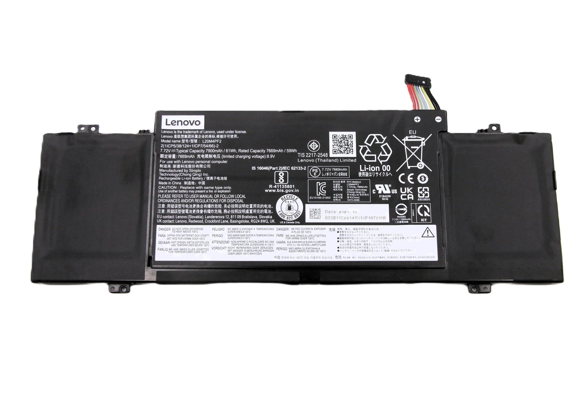New Genuine Laptop Battery for Lenovo IdeaPad Yoga Slim 7 Carbon-14ACN06 82L0 82L1 L20M4PF2 L20C4PF2 L20D4PF2 5B11C66148 SB11C66149 5B11C66150 5B11C66151 5B11C66152 5B11C66153 Original Battery Pack 7.72V 61Wh 7900mAh 4-Cell