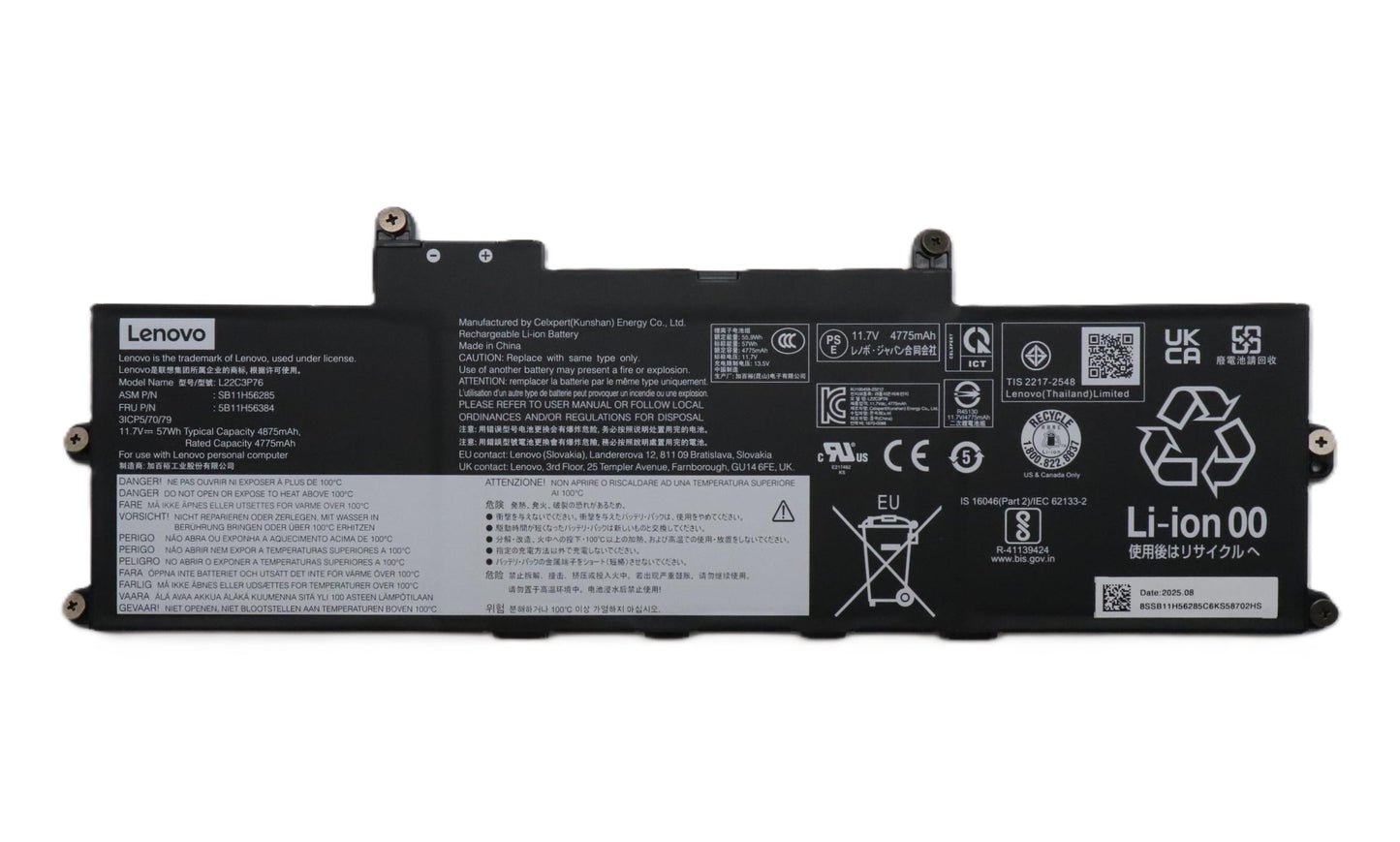 Lenovo Laptop Battery for ThinkPad X1 2-in-1 Gen 9 G9 21KE 21KF New Genuine Laptop Battery for Lenovo ThinkPad X1 2-in-1 Gen 9 G9 21KE 21KF ThinkPad X1 Carbon 12th Gen 12 G12 21KC 21KD L22C3P76 L22B3P73 L22D3P77 L22M3P77 SB11H56286 5B11H56385 SB11H56284 5B11H56383 SB11H56287 5B11H56386 SB11H56285 5B11H56384 Original Battery Pack 11.7V 57Wh 4875mAh 3-Cell