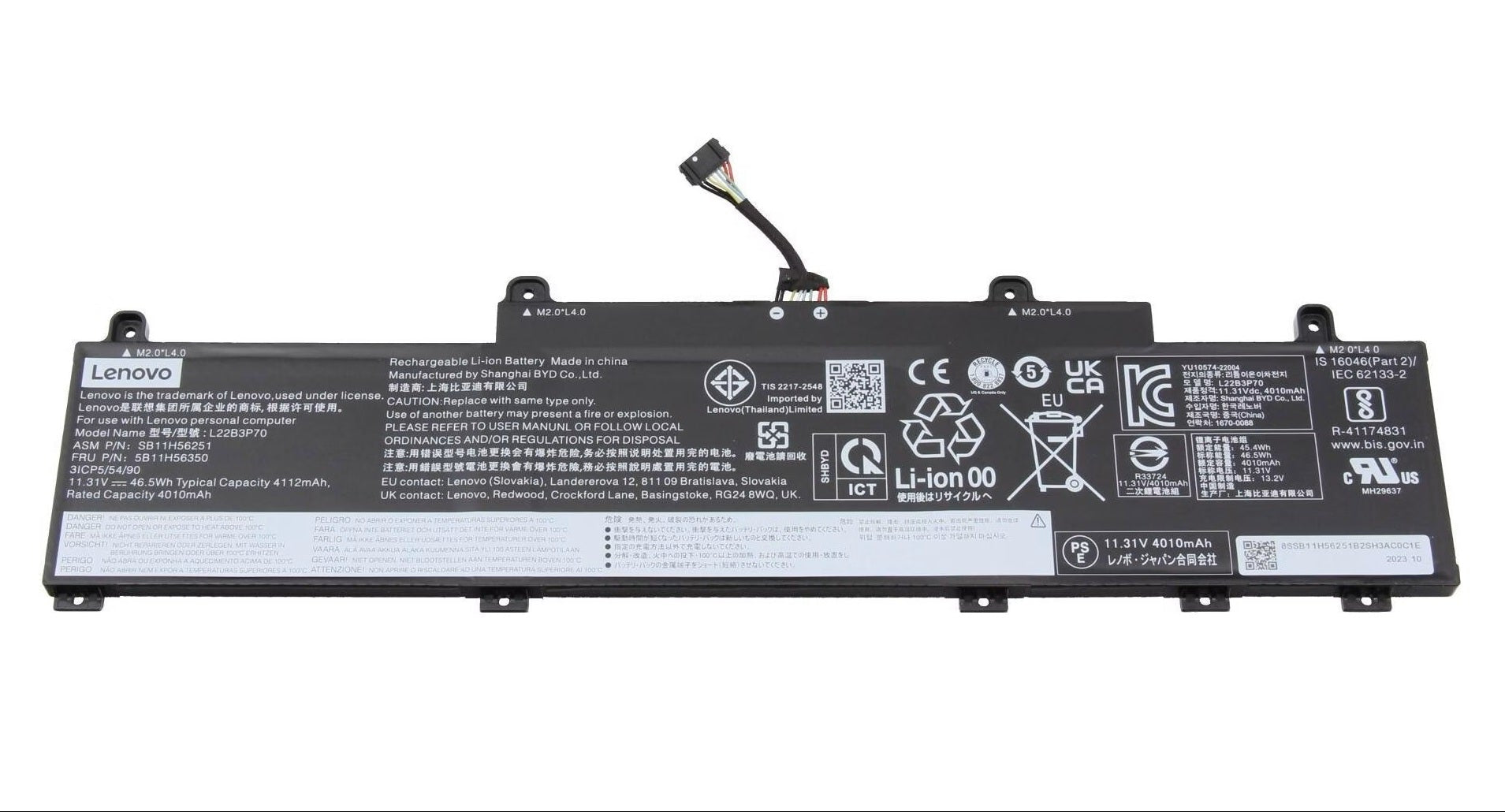 New Genuine Laptop Battery Pack for Lenovo ThinkPad L14 Gen 4 G4 21H1 21H2 21H5 21H6 ThinkPad L15 Gen 4 G4 21H3 21H4 21H7 21H8 L22M3P70 L22D3P70 L22B3P70 L22X3P70 SB11H56251 5B11H56350 SB11M89802 5B11M90001 SB11H56250 5B11H56349 SB11M89801 5B11M90000 SB11H56249 5B11H56348 SB11M89800 5B11M89999 SB11H56252 5B11H56351 SB11M89803 5B11M90002 Original 11.31V 46.5Wh 4112mAh 3-Cell