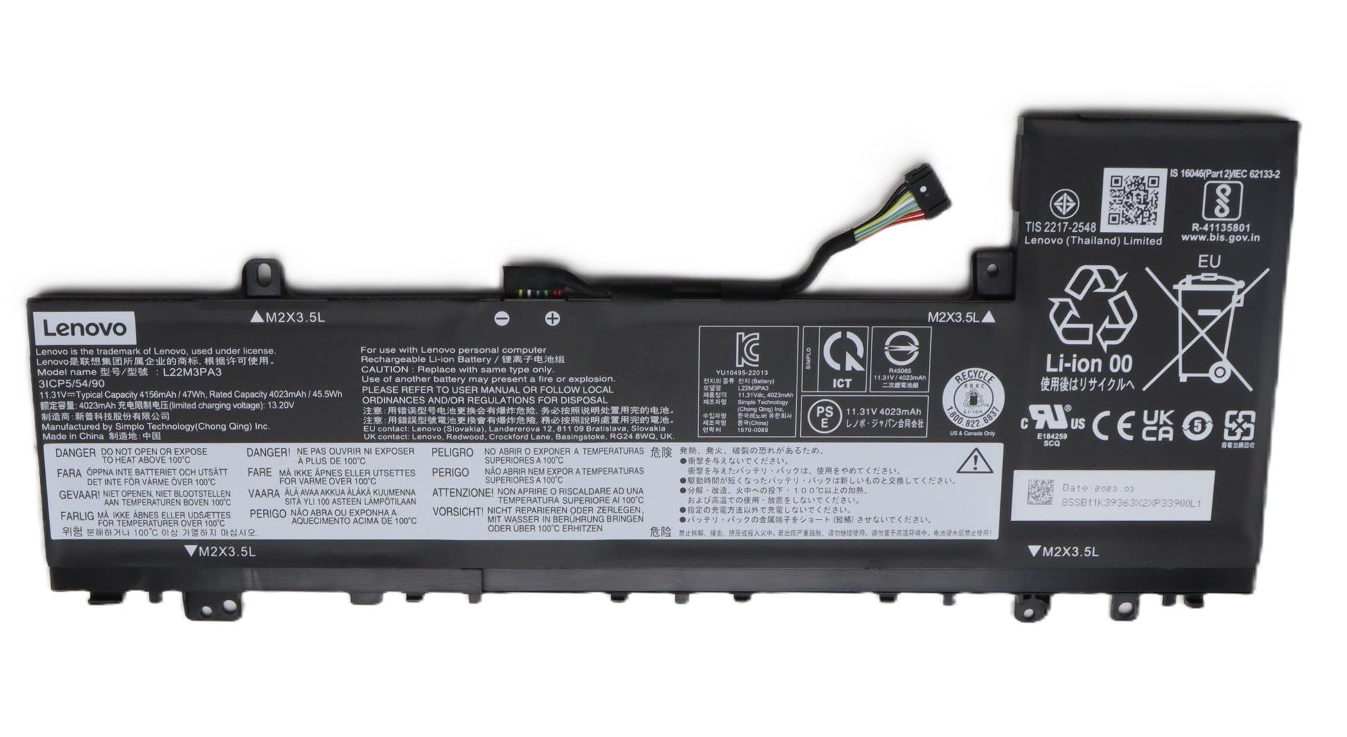 New Genuine Laptop Battery Pack for Lenovo IdeaPad Slim 5-14ABR8 82XE 5-14AHP9 83DB 5-14IMH9 83DA 5-14IRL8 82XD 5-14IRU9 83FV 5-16ABR8 82XG 5-16AHP9 83DD 5-16IMH9 83DC L22M3PA3 L22C3PA3 SB11K39363 5B11K39362 SB11N45424 5B11N45396 SB11K39353 5B11K39350 SB11N45436 5B11N45414 Original 11.31V 47Wh 4156mAh 3-Cell