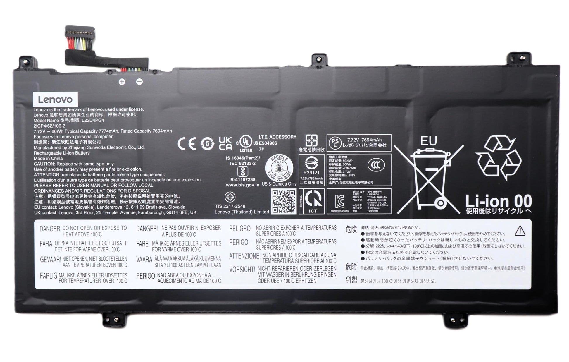 Lenovo Laptop Battery for Chrome 14M9610 83MW 83MX 83MY L23D4PG4 SB11N50693 5B11N50694 5B11N50696 New Genuine Original Battery Pack 7.72V 60Wh 7774mAh 4-Cell
