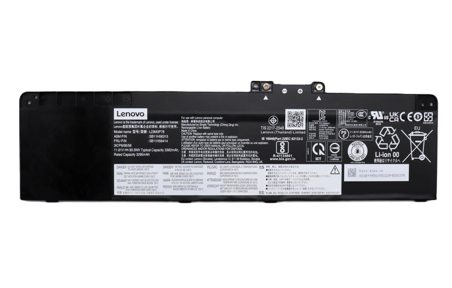 Lenovo Laptop Battery for ThinkPad T14 Gen 5 G5 21MC 21MD 21ML 21MM ThinkPad P14s Gen 5 G5 21ME 21MF ThinkPad P16 Gen 2 G2 21FB L23M3P76 L23C3P71 New Genuine Original Battery Pack 11.61V 39.3Wh 3392mAh 3-Cell