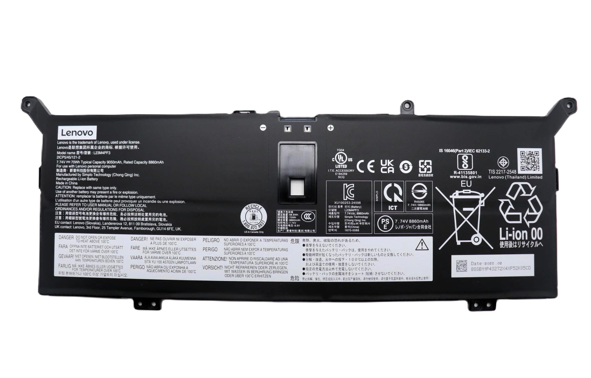 New Genuine Laptop Battery for Lenovo Yoga Slim 7-14ILL10 83JX 83MC 7-15ILL9 83HM Yoga 7 2-in-1 14ILL10 83JQ 16ILL10 83JT L23M4PF3 L23C4PF3 5B11P43271 5B11P43272 5B11P43273 5B11P43274 Original Battery Pack 7.74V 70Wh 9050mAh 4-Cell