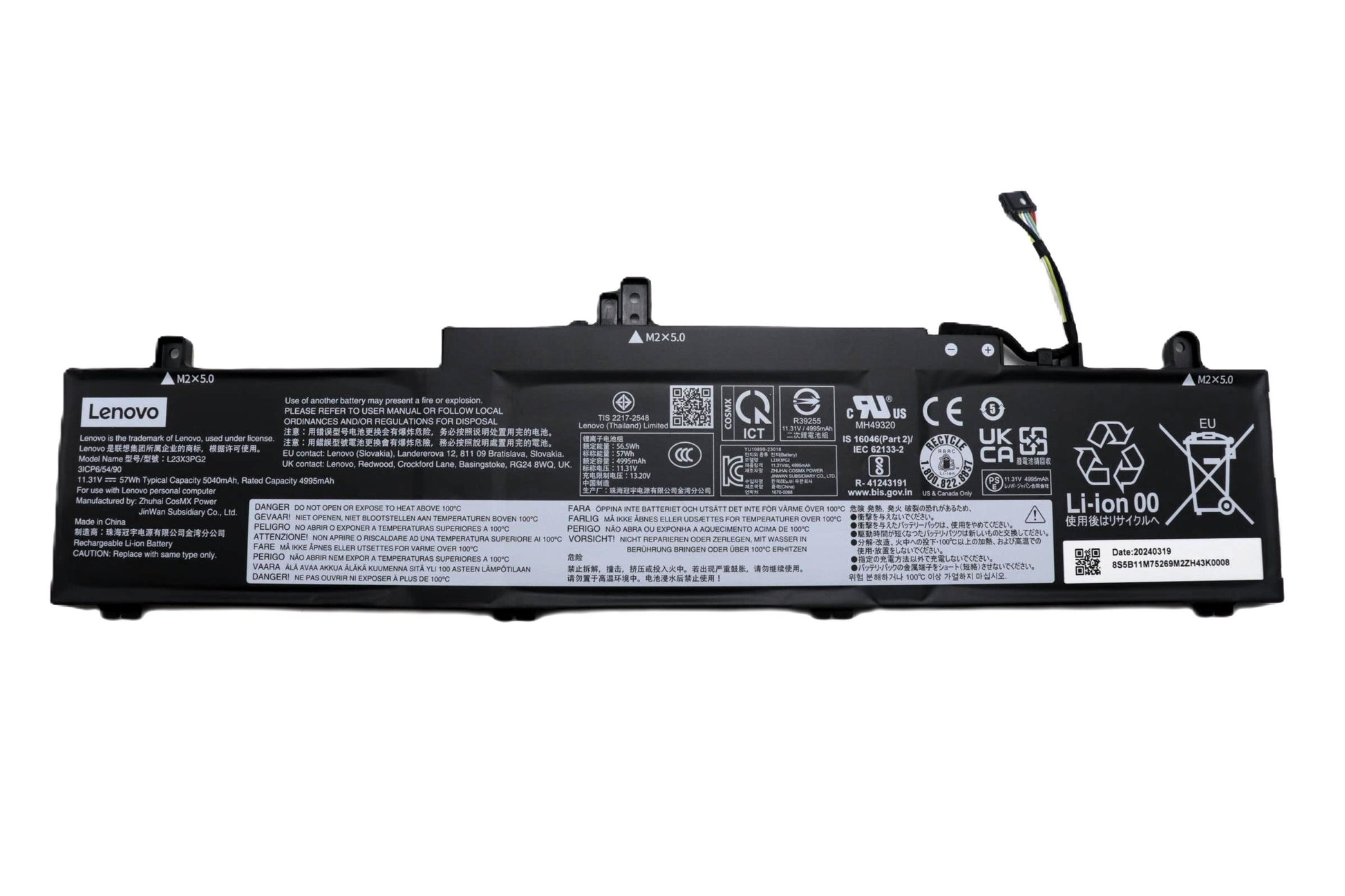 New Genuine Laptop Battery Pack for Lenovo ThinkPad E14 Gen 6 G6 21M3 21M4 21M7 21M8 ThinkPad E16 Gen 2 G2 21MA 21MB 21M5 21M6 L23X3PG2 L23B3PG2 L23D3PG2 SB11M75268 5B11M75269 SB11M75265 5B11M75272 SB11M75266 5B11M75267 SB11M75270 5B11M75271 3ICP6/54/90 Original 11.31V 57Wh 5040mAh 3-Cell
