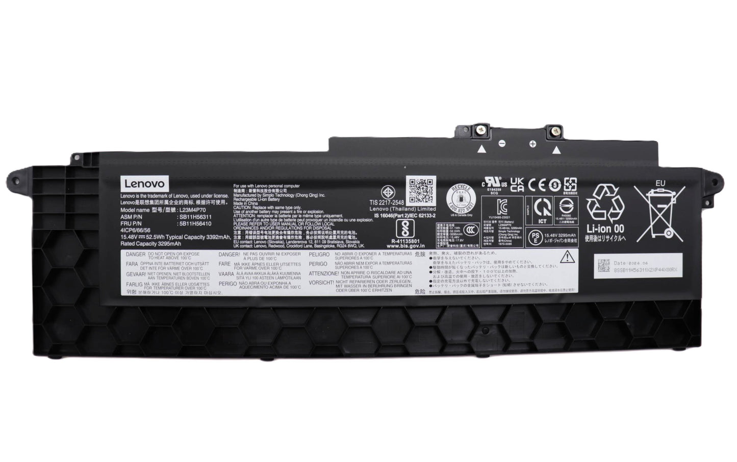 Lenovo Laptop Battery for ThinkPad T16 Gen 3 G3 21MN 21MQ ThinkPad T16 Gen 4 G4 21QE 21QF 21QN 21QQ ThinkPad P16s Gen 4 G4 21QR 21QS L24M4P70 L24C4P70 L23C4P71 L23M4P70 5B11M90104 5B11M90103 5B11H56409 5B11H56410 New Genuine Original Battery Pack 15.48V 52.5Wh 3392mAh 4-Cell